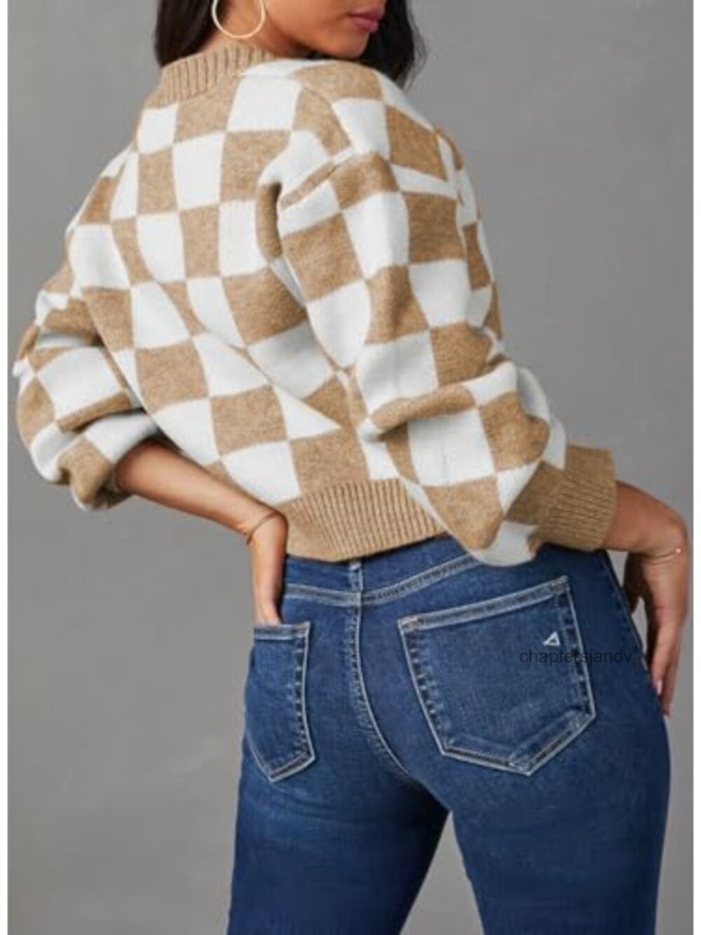 Dokotoo V Neck Button Down Cable Knit Plaid Cropped Cardigan Sweater - Picture 3 of 6